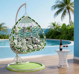 SWC2643 2 Seater Pink White Wicker Hanging Egg Chair with Stand & Floral Cushion – Coastal Beach Patio Double Swing Lounge Chair Set