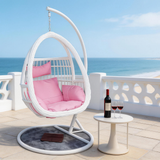 SWC2658 Single Seat White Wicker Teardrop Hanging Egg Chair with Stand & Pink Cushion – Coastal Beach Patio Swing Lounge Chair Set