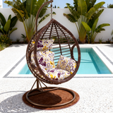SWC2656 Single Seat White Wicker Hanging Egg Chair with Stand & Red Cushion – Poolside Patio Swing Lounge Chair Set