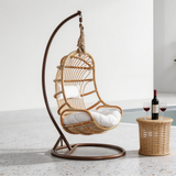SWC2662 Single Seat Natural Rattan Hanging Egg Chair with Stand & White Cushion – Mountain View Patio Swing Lounge Chair Set