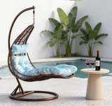 SWC2665 Single Seat White Moon Shaped Wicker Hanging Swing Chair with Stand & Floral Cushion – Indoor Leisure Lounge Chair Set