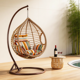 SWC2659 Single Seat Natural Brown Wicker Teardrop Hanging Egg Chair with Stand & Striped Cushion – Indoor Outdoor Zen Patio Swing Lounge Chair Set