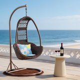 SWC2661 Single Seat Orange Brown Wicker Teardrop Hanging Egg Chair with Stand & Floral Cushion – Indoor Outdoor Swing Lounge Chair Set