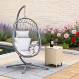 SWC2670 Single Seat Grey Wicker Hanging Egg Chair with Stand & Light Grey Cushion – Garden Patio Swing Lounge Chair Set