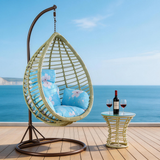 SWC2657 Single Seat Light Green Wicker Teardrop Hanging Egg Chair with Stand & Blue Floral Cushion – Coastal Sea View Patio Swing Lounge Chair Set