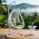 SWC2667 Single Seat White Wicker Hanging Egg Chair with Stand & Tropical Floral Cushion – Mountain View Patio Swing Lounge Chair Set