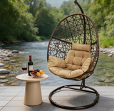 SWC2652 Single Seat Dark Brown Wicker Hanging Egg Chair with Stand & Beige Cushion – Coastal Sea View Patio Swing Lounge Chair Set
