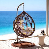 SWC2656 Single Seat White Wicker Hanging Egg Chair with Stand & Red Cushion – Poolside Patio Swing Lounge Chair Set