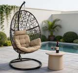 SWC2652 Single Seat Dark Brown Wicker Hanging Egg Chair with Stand & Beige Cushion – Coastal Sea View Patio Swing Lounge Chair Set