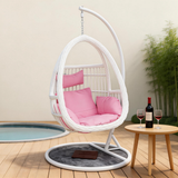 SWC2658 Single Seat White Wicker Teardrop Hanging Egg Chair with Stand & Pink Cushion – Coastal Beach Patio Swing Lounge Chair Set