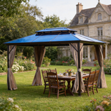 PGL2416 Brown Double-Tier Hardtop Gazebo with Privacy Curtains – Outdoor Patio Metal Roof Shelter for Coastal Backyard