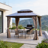 PGL2416 Brown Double-Tier Hardtop Gazebo with Privacy Curtains – Outdoor Patio Metal Roof Shelter for Coastal Backyard