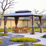 PGL2416 Brown Double-Tier Hardtop Gazebo with Privacy Curtains – Outdoor Patio Metal Roof Shelter for Coastal Backyard