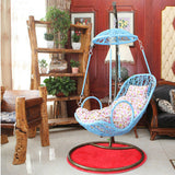 SWC2669 Single Seat White Canopy Wicker Hanging Swing Chair with Stand & Blue Cushion – Outdoor Garden Patio Lounge Chair Set