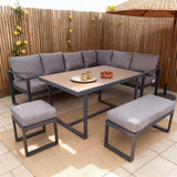 WLSF2520 Dark Grey Metal L-Shaped Outdoor Sectional with Dining Table, Ottomans & Umbrella – Provence Countryside Patio Furniture Set